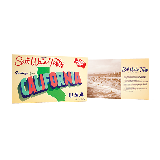 Front and back of Taffy Town California Taffy Gift Box featuring 14 oz. of soft, whipped Salt Water Taffy in coastal souvenir packaging