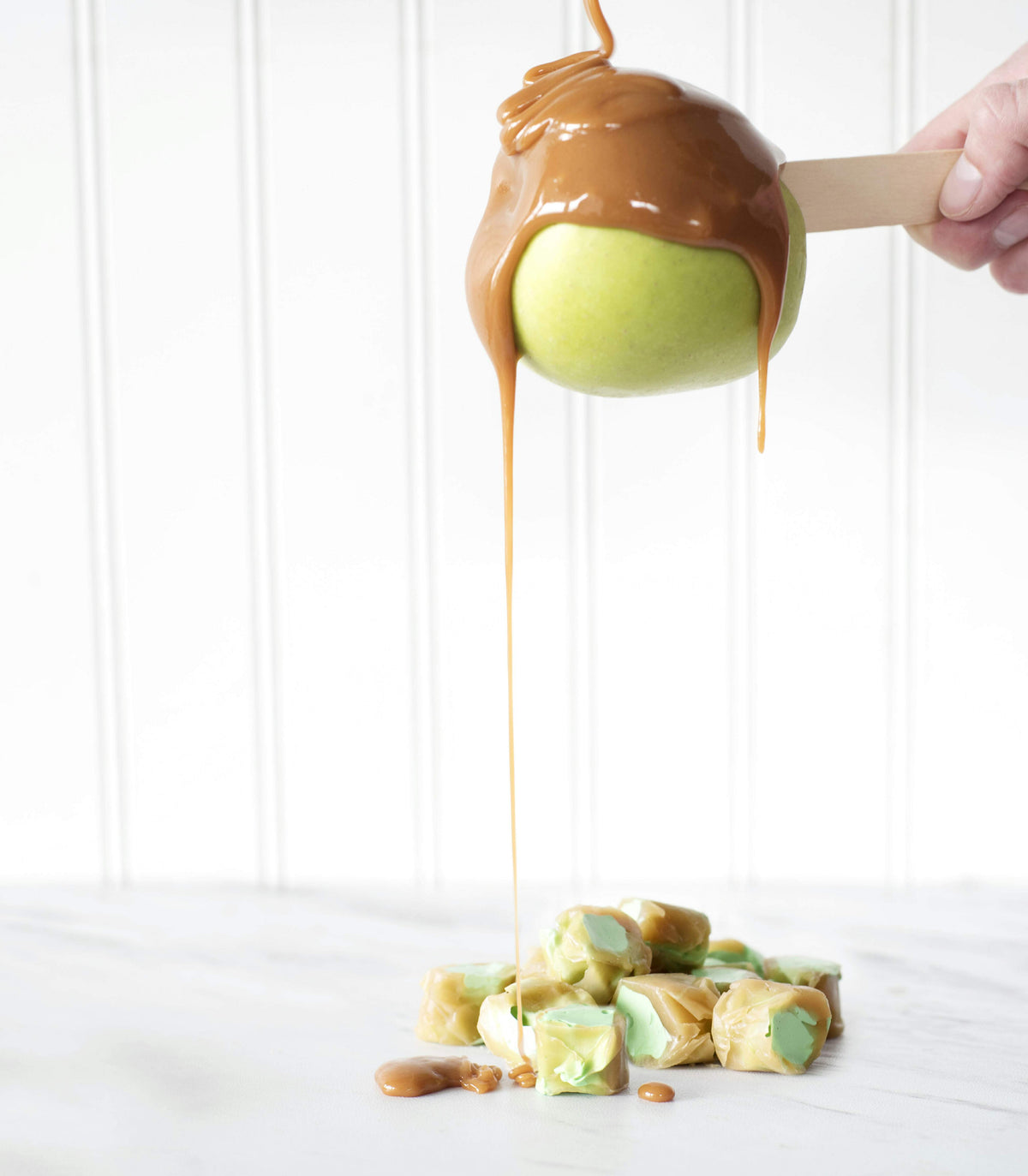 Taffy Town caramel apple salt water taffy candy with soft green apple center and whipped caramel flavor