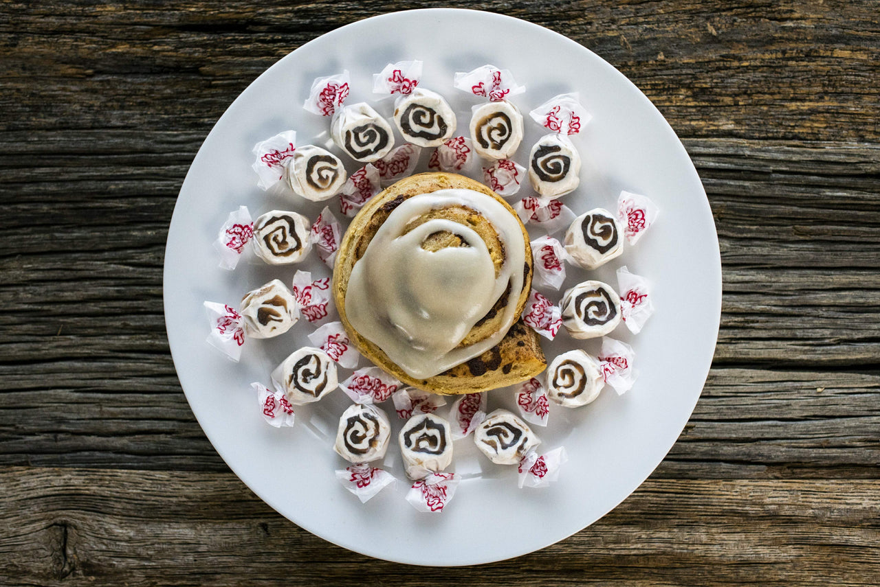 Taffy Town Cinnamon Roll taffy candy—gourmet salt water taffy that tastes like fresh-baked cinnamon rolls.
